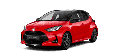 Der Toyota Yaris in tokio fusion rot metallic mit schwarzem Dach.